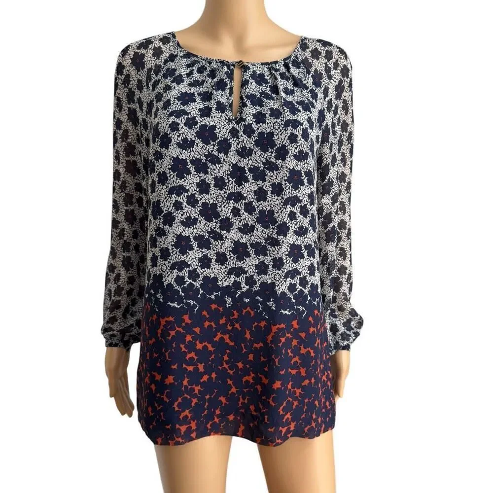 TORY BURCH 100% silk Floral Print blouse with Semi See Through Long Sleeve Sz 6